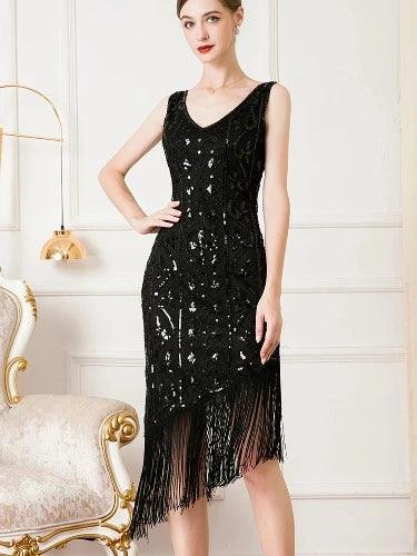 Vintage Tassel Trim Bodycon Sequin Dress - SHExFAB