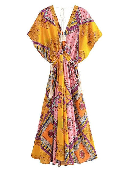 Vintage V - Neck Batwing Sleeve Maxi Yellow Dress - SHExFAB