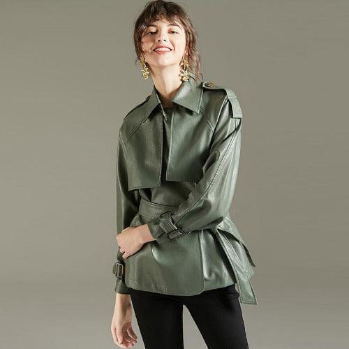 Waist Belt Lapel Faux Leather Jacket - SHExFAB