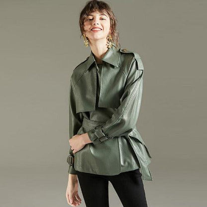 Waist Belt Lapel Faux Leather Jacket - SHExFAB