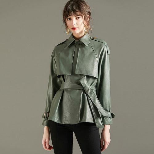 Waist Belt Lapel Faux Leather Jacket - SHExFAB