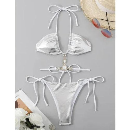 Waist Strap Rhinestone Metallic Two Piece Bikini Set - SHExFAB