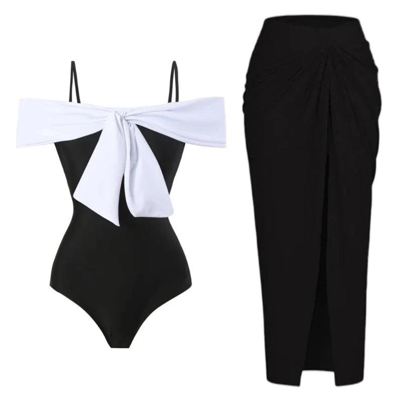 White Bow Black Swimsuit with Skirt - SHExFAB