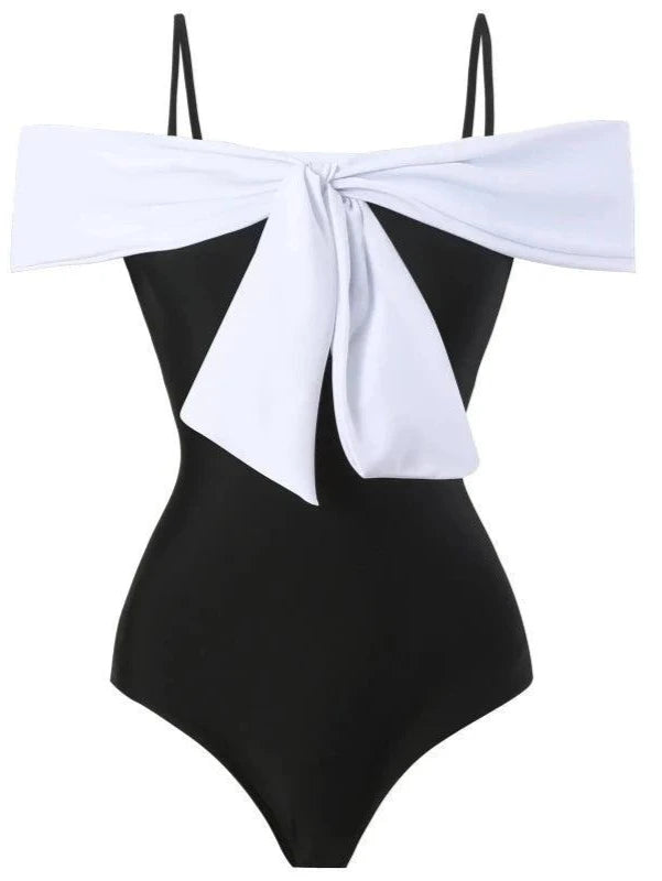 White Bow Black Swimsuit with Skirt - SHExFAB