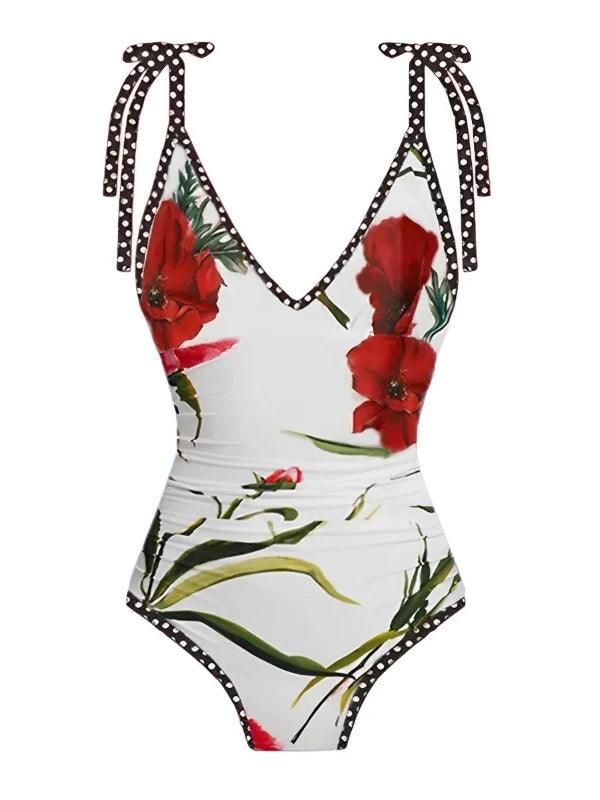 White Bowknot Strap Floral Swimsuit One - Piece - SHExFAB