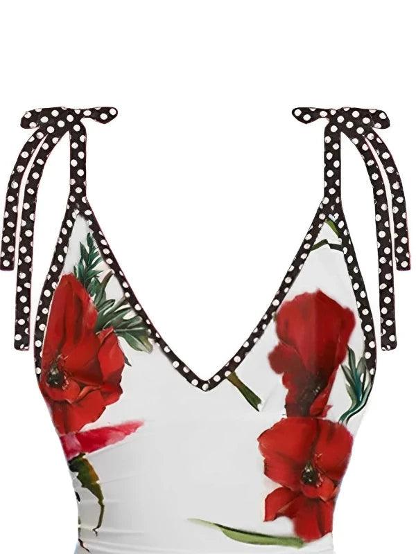 White Bowknot Strap Floral Swimsuit One - Piece - SHExFAB