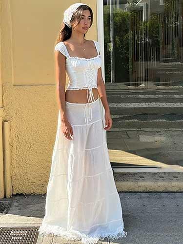 White Crop Top and Floor Length Skirt Outfit - SHExFAB