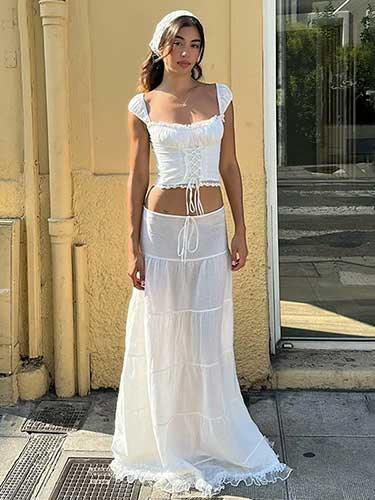 White Crop Top and Floor Length Skirt Outfit - SHExFAB