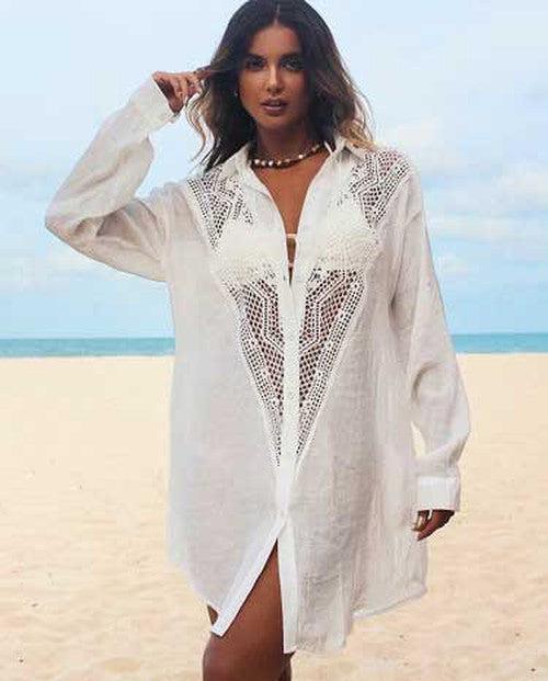 White Embroidered Swimsuit Cover Up Shirt - SHExFAB