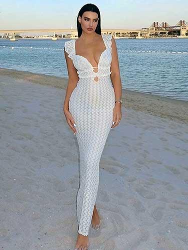 White Lace Backless Sheer Party Maxi Dress - SHExFAB