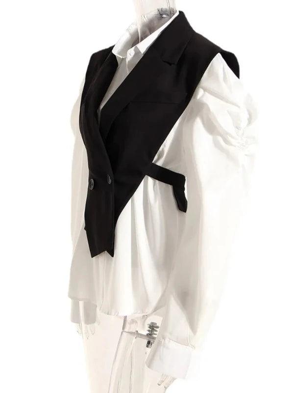 White Puff Sleeve Shirt and Black Vest Two Piece Set - SHExFAB