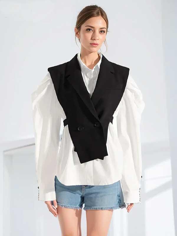 White Puff Sleeve Shirt and Black Vest Two Piece Set - SHExFAB