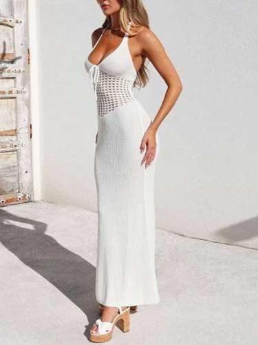 White See - Through Long Knitted Dress - SHExFAB