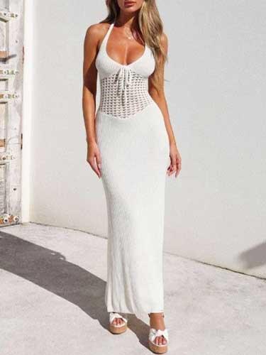 White See - Through Long Knitted Dress - SHExFAB