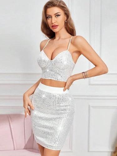 White Sequin Camisole and Mini Skirt 2 Piece Set - SHExFAB