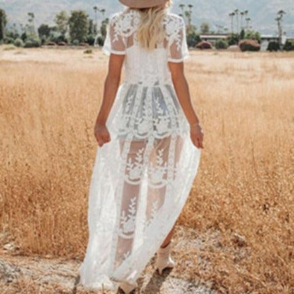 White Short Sleeve Embroidery Long Robe - SHExFAB