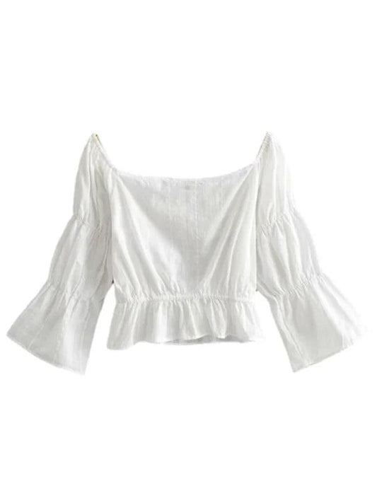 White Slash Neck Long Sleeve Short Blouse Top - SHExFAB