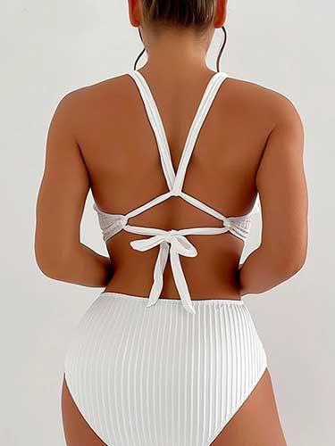 White Strap Padded Tie Up Back Swimsuit - SHExFAB