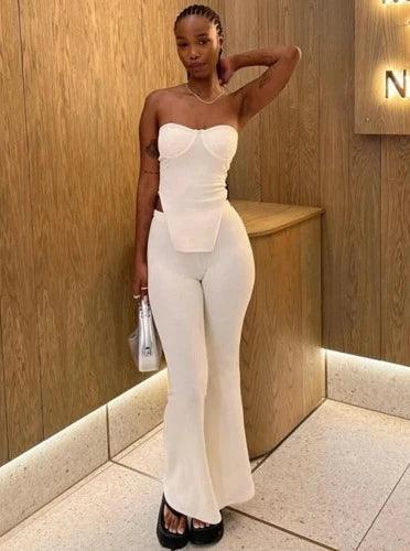 White Tube Top with Flare Pants Two Piece Set - SHExFAB