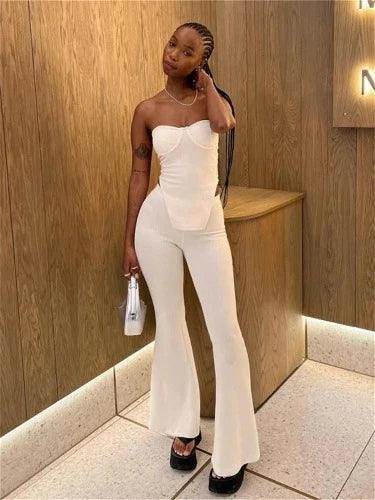 White Tube Top with Flare Pants Two Piece Set - SHExFAB