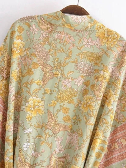 Yellow Floral Print Batwing Sleeve Bohemian Long Kimono - SHExFAB