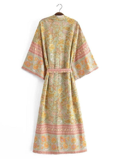 Yellow Floral Print Batwing Sleeve Bohemian Long Kimono - SHExFAB