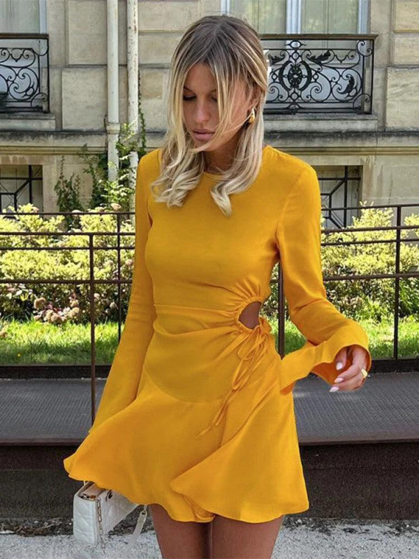 Yellow Long Sleeve Cut Out Mini A - Line Dress - SHExFAB