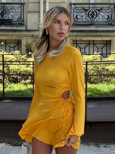 Yellow Long Sleeve Cut Out Mini A - Line Dress - SHExFAB