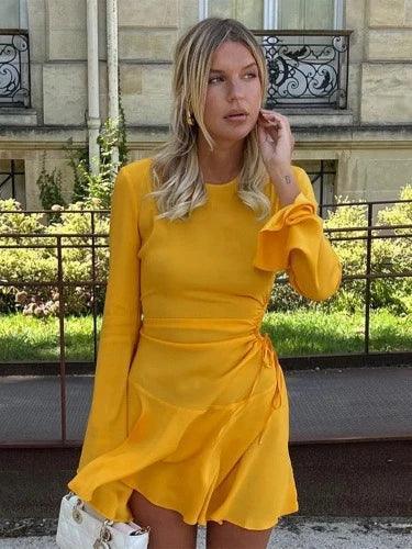 Yellow Long Sleeve Cut Out Mini A - Line Dress - SHExFAB