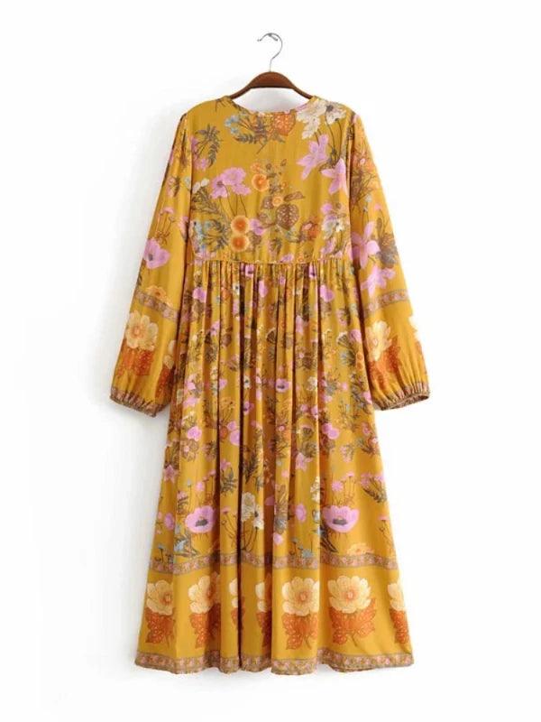 Yellow Long Sleeve Floral A - Line Maxi Dress - SHExFAB